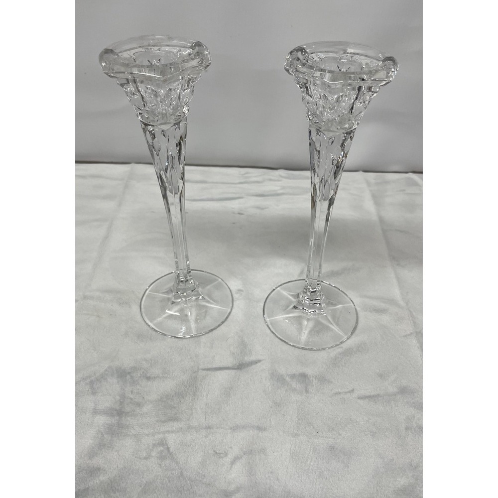 PartyLite Clear Crystal Tall Candlesticks‎ Pair Elegant Pressed Glass 10.5"